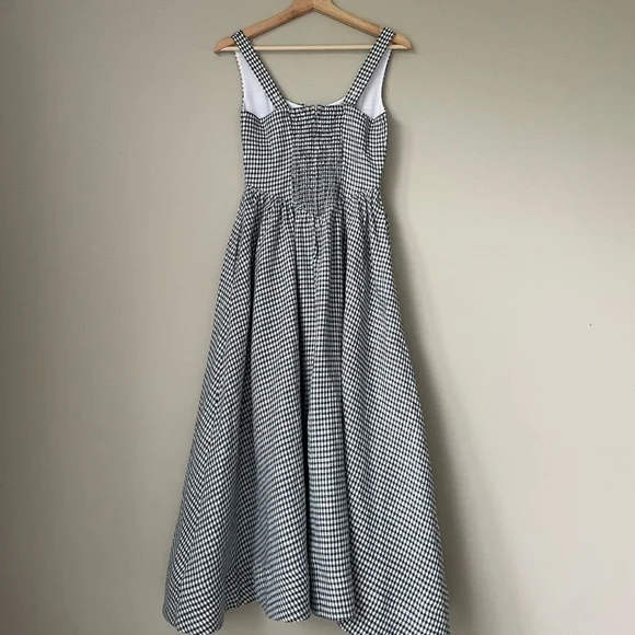 NEW Reformation Balia Midi Linen Dress Slate Check Plaid Navy White | US 2 UK 4 - Picture 8 of 15